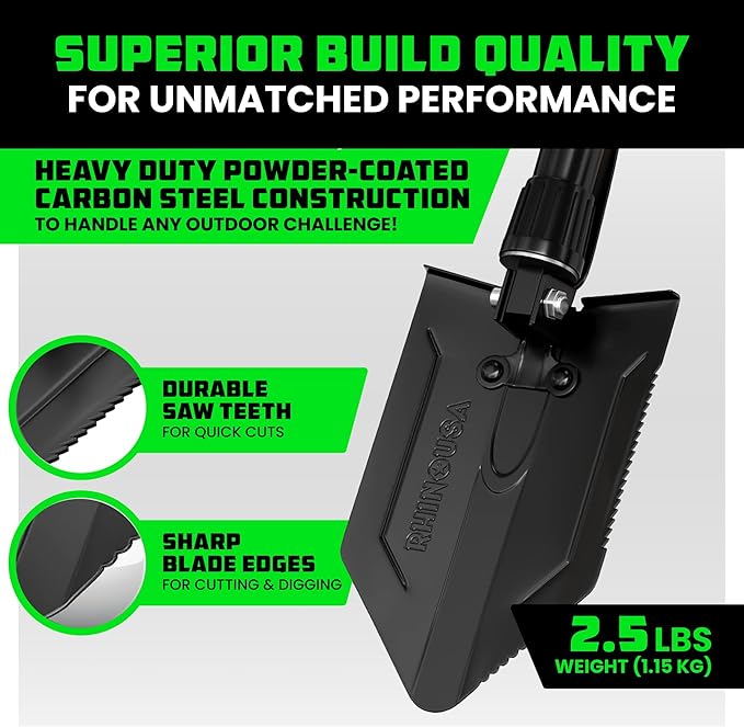RHINO USA Folding Survival Shovel w/Pick - Heavy Duty Carbon Steel Military Style Entrenching Tool