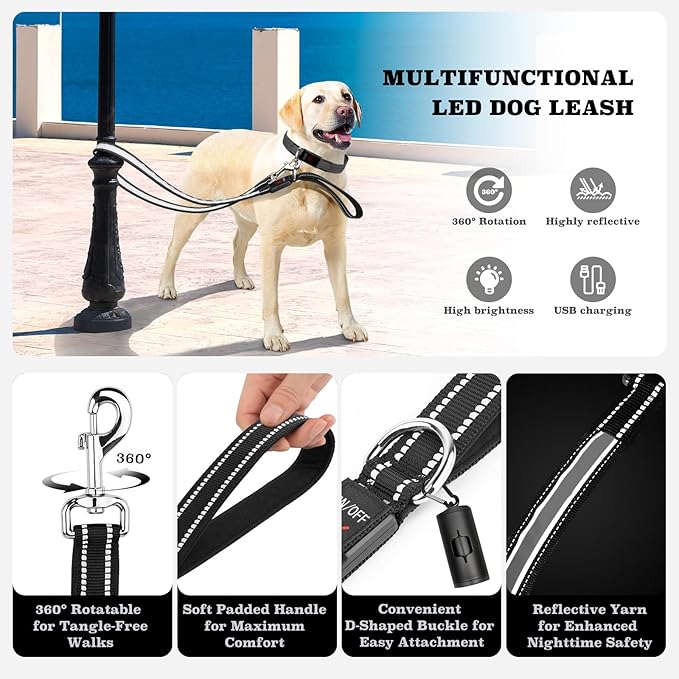 4 Ft LED Dog Leash, Light Up & Lighted Dog Leash, 7 Lighting Modes, Glow in The Dark, Reflective