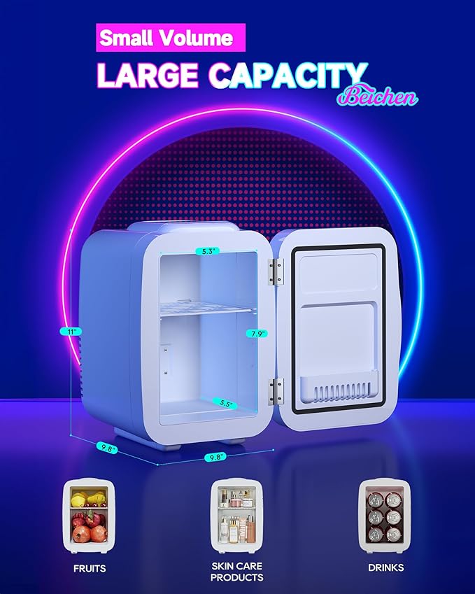 Mini Fridge, 4 Liter/6 Cans Small Refrigerator With Dimmable LED Light,AC/DC Portable