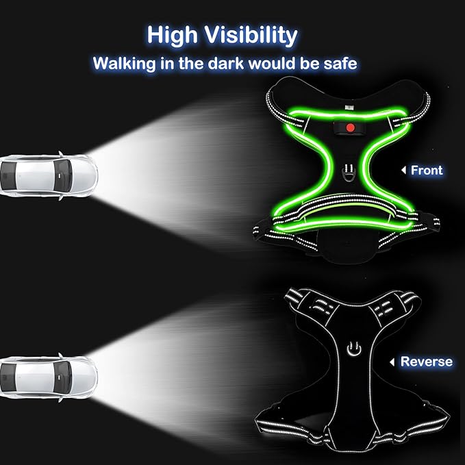 Light Up Dog Harness, No Pull LED Dog Harness with Handle, Rechargeable Lighted Safety Vest for