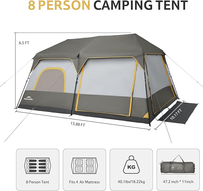 Naturehike Cape 4/6/8 Person Camping Tent, 60S Easy Setup Instant Tent Pop up Tent, Waterproof