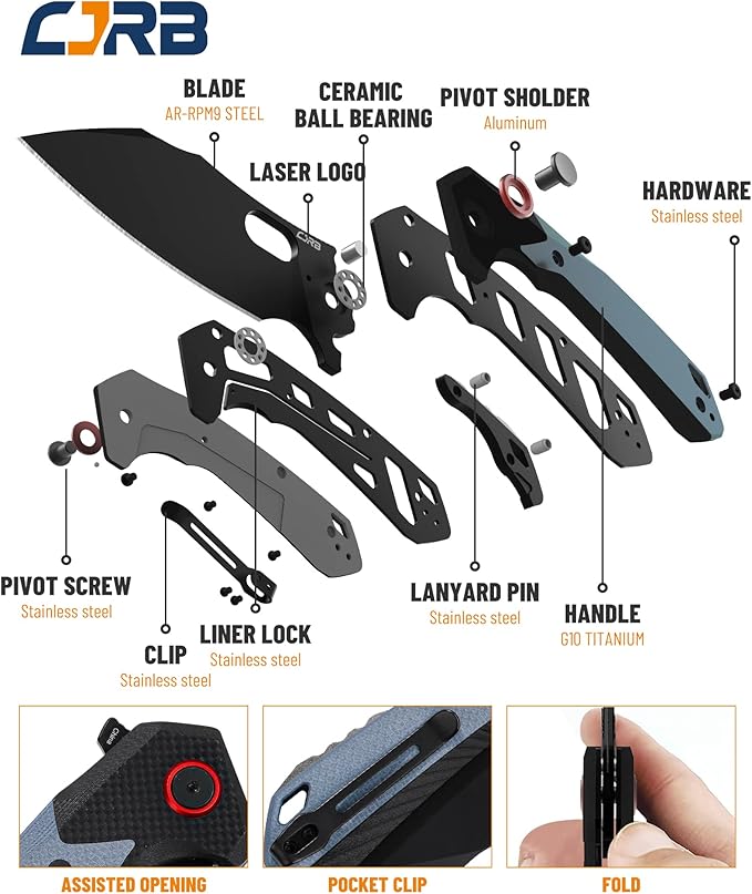 CJRB Folding Pocket Knife Caldera (J1923) AR-RPM9 Powder Steel Blue G10 Handle for Men EDC Camping