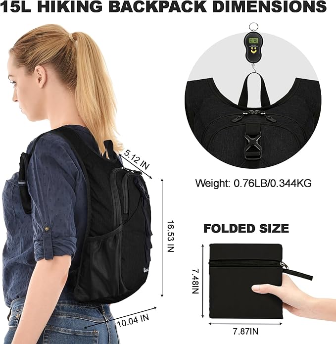 Seektop 15L Small Hiking Backpack for Women Men, Foldable Packable Backpack with Phone Pocket
