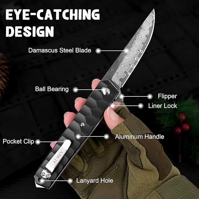 AUBEY Damascus Pocket Knife with Clip, Tanto Blade Damascus Steel Folding Knives for Men Tactical