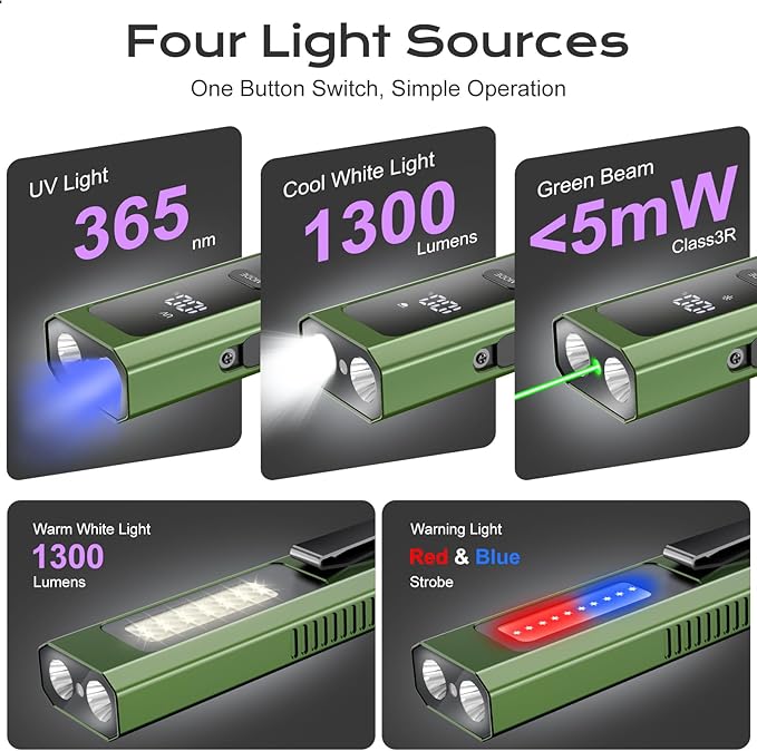 EDC Flashlight 4 in 1 Pocket Magnetic Slim Flat Flashlight High Lumens Work Light with Green Beam &
