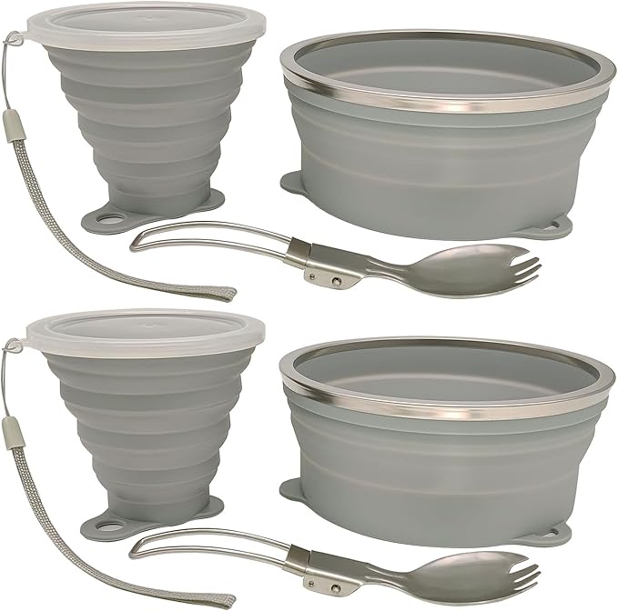 Mess Kit for Camping Silicone Collapsible Bowl Collapsible Cup and Stainless Steel Spoon for