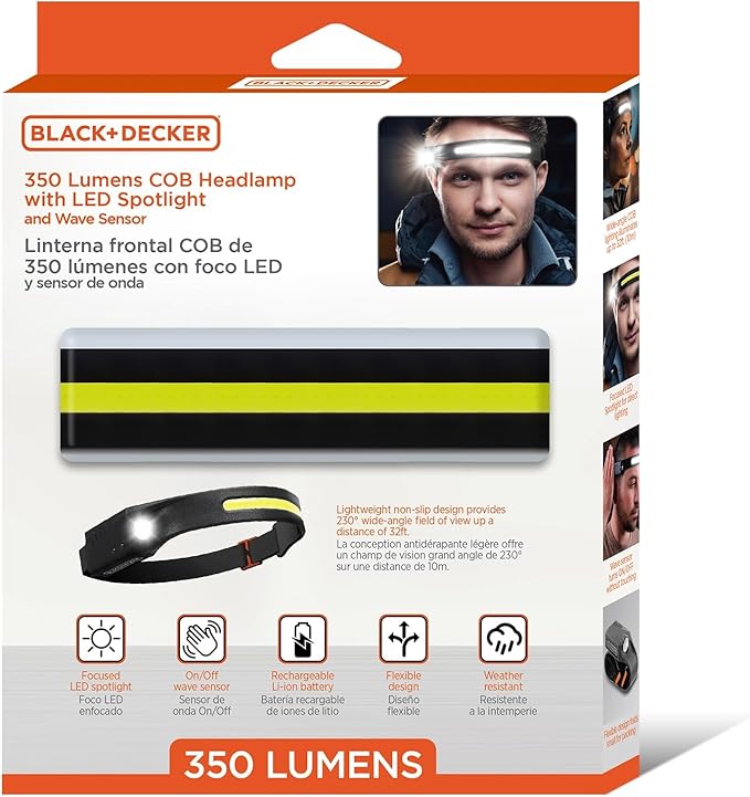 BLACK+DECKER Rechargeable Headlamp with Flashlight & Wave Sensor 2-Pack, 350 Lumens LED 230° Beam