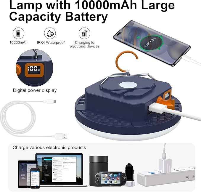 10000mAh 4000LM Flashlight Portable LED Camping Lantern Rechargeable Light 30W with Digital Power