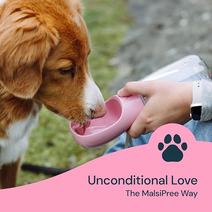 MalsiPree Leak-Proof Portable Dog Water Bottle for Travel - 19 oz, with Pink Bowl - Food Grade