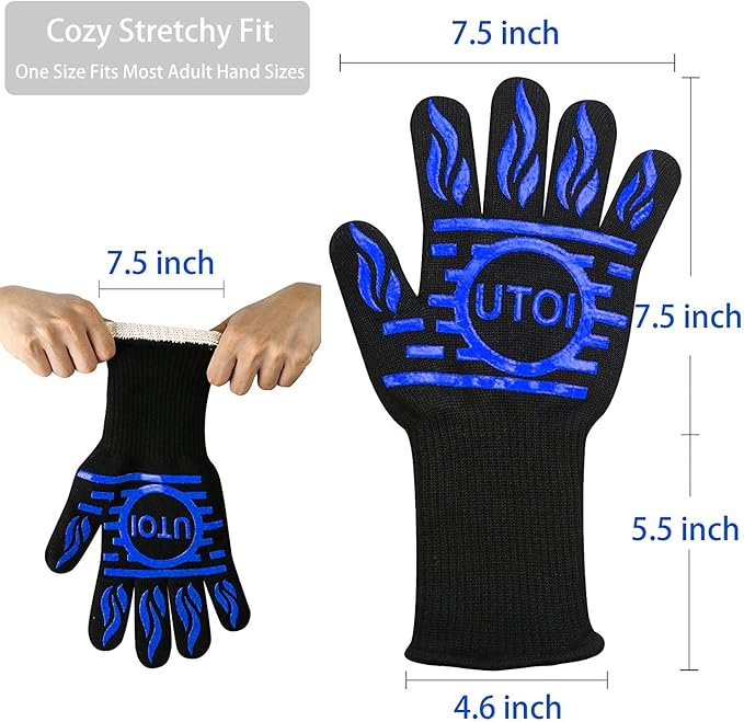 BBQ Gloves, 1472°F Heat Resistant Grilling Gloves, Silicone Non-Slip Long Cooking Gloves for