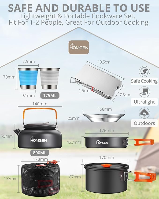HOMGEN 14-Piece Camping Cooking Set with Stove Windshield & 2 Plates - Lightweight Aluminum Nesting