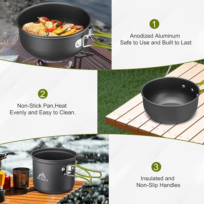 Camping Cookware Kit Backpacking, 0.33Gal Pots and 0.17Gal Pans Set,0.08Gal SUS304 Cup, Forks