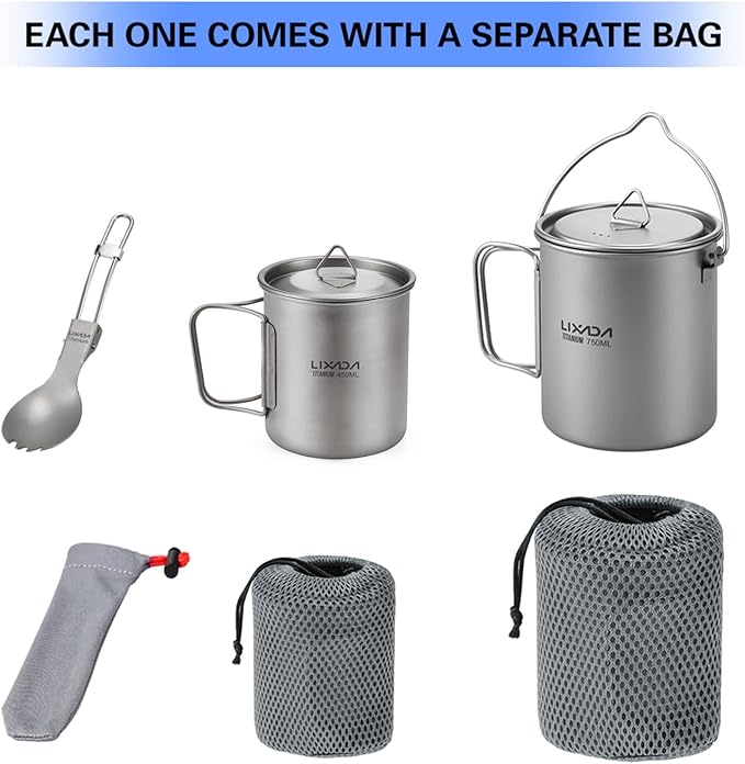 Lixada Titanium Camping Cookware with Folding Spork, 750ml Camping Titanium Pot & 450ml Coffee Mug