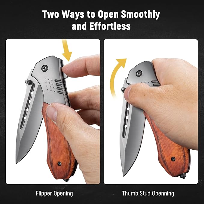 Pocket Knife for Men - Wood Handle Folding Pocket Knives with Clip, Glass Breaker - 3.46" Sharp