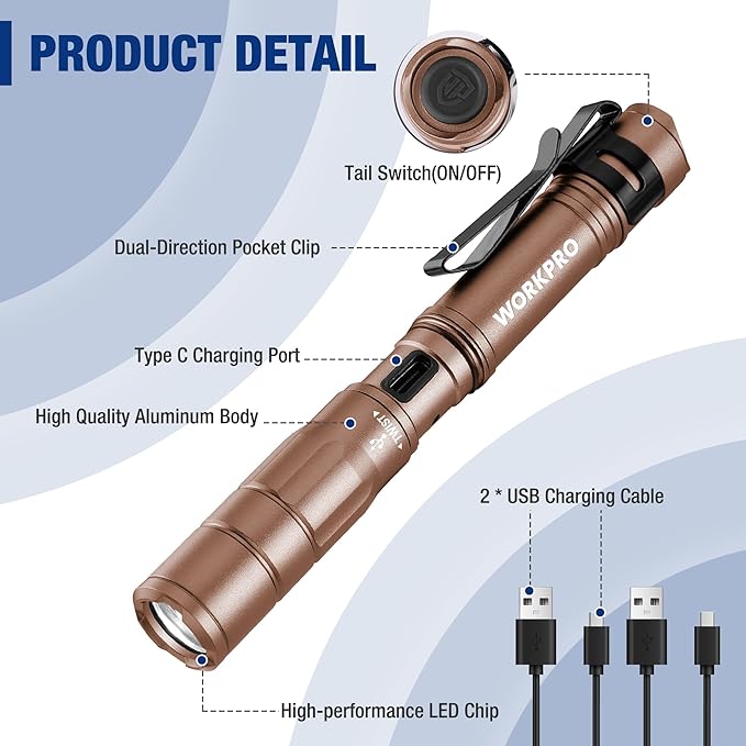 WORKPRO Rechargeable Pen Light, Mini Flashlight, 2 Pack Ultra-Compact EDC Flashlight, Pocket