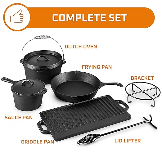 Bruntmor Camping Cooking Set of 7. Pre Seasoned Cast Iron Pots and Pans Dutch Oven with Lids for