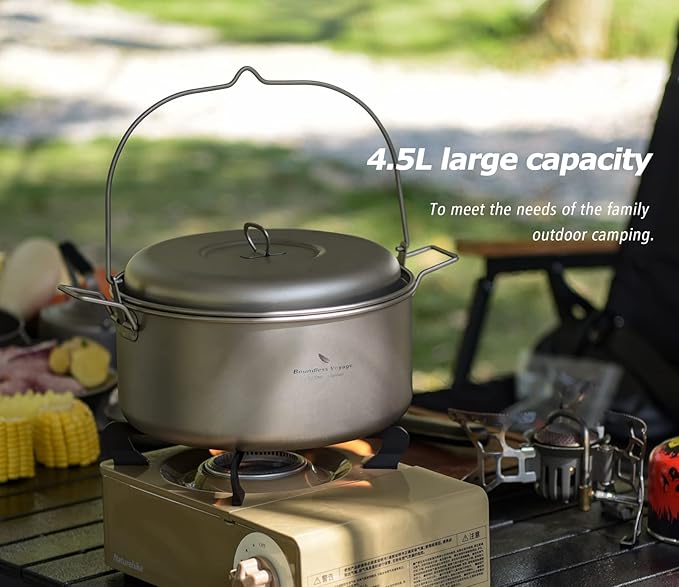 Boundless Voyage Titanium 4.5L Hanging Pot with Steaming Rack Folding Handle Outdoor Camping