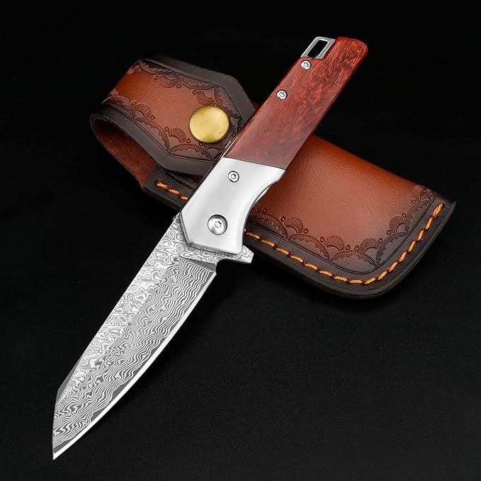 KOMWERO Damascus Pocket Knife with Clip Leather Sheath, 3.14 inch Sharp Damascus Steel Knife with