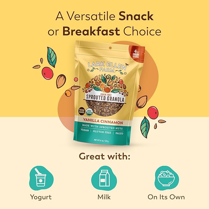 Lark Ellen Farm Vanilla Cinnamon Granola Clusters, Gluten Free, Vegan, Certified Organic, Low Sugar