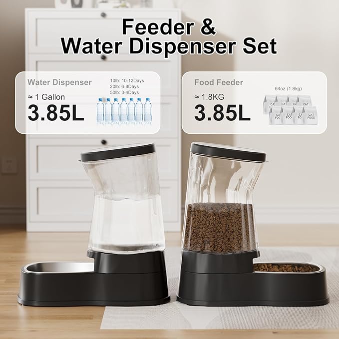 Automatic Pets Gravity Feeder and Water Dispenser Set with Stainless Steel Bowl, 1Gallon x 2 Stable
