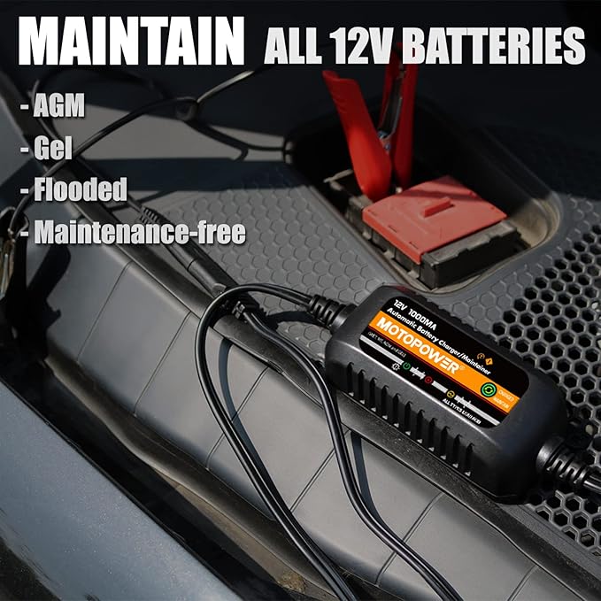 MOTOPOWER MP00205B 12V 1000mA Automatic Battery Charger, Battery Maintainer, Trickle Charger, and