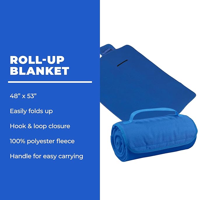 25 Ct of Roll-Up Blankets for Camping, Travel, Outdoors, Beach, Picnics – Royal Blue – Hook + Loop