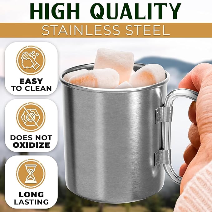 13.5 Oz Stainless Steel Camping Mug with Carabiner - Metal Camping Cup for Traveling, Lightweight