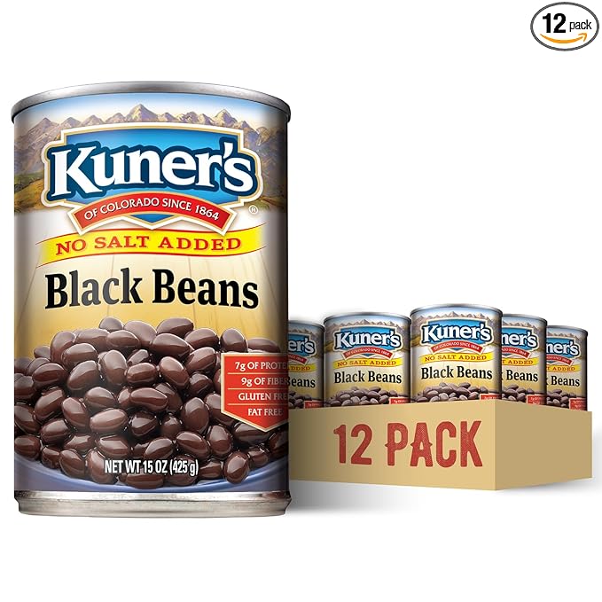 Kuner's No Salt Added Canned Black Beans, Plant Protein and Fiber, Gluten Free, Vegan, Fat Free, 12