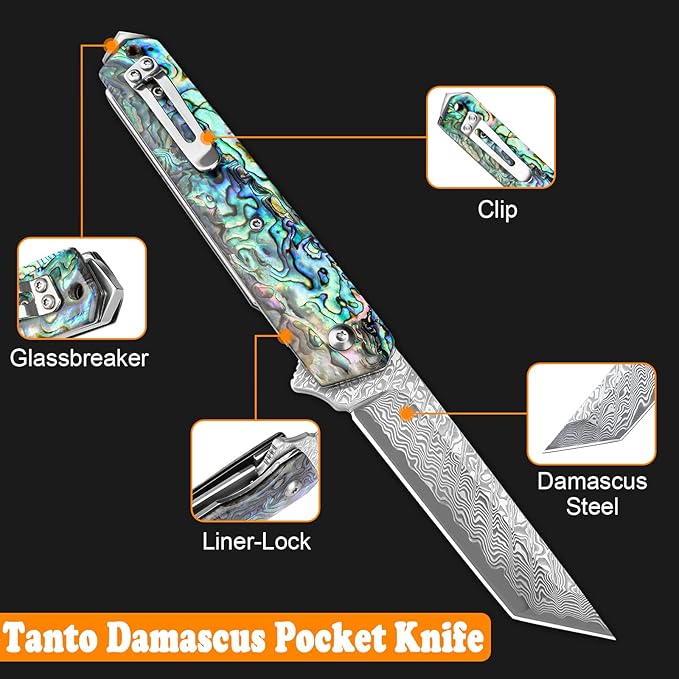 AUBEY Damascus Pocket Knife with Clip, Sharp Tanto Blade with VG10 Core Folding Knife with Abalone