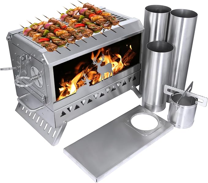 Outdoor Camping Tent Stove Portable Stainless Steel with Chimney Barbecue Net for Outdoor Cooking