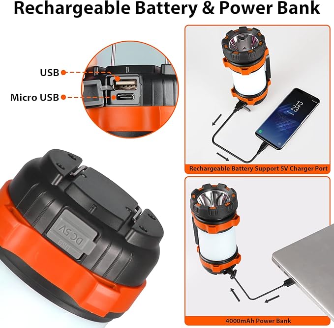 2 Pack Camping Lantern, Outdoor LED Camping Light, Rechargeable Flashlights with 1000LM, 6 Modes