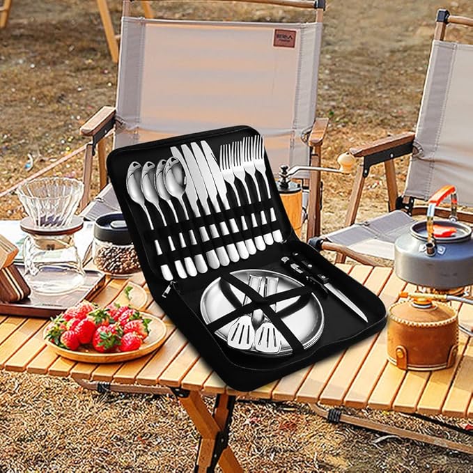 Camping Silverware Silver Picnic Plates and Utensils Set for 4 Portable Tableware Stainless Steel