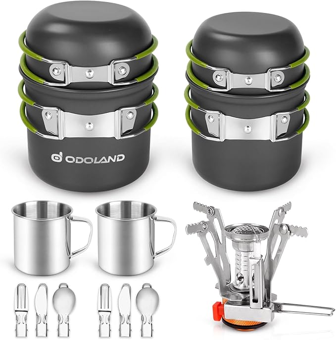 Odoland 16pcs Camping Cookware Mess Kit, Lightweight Pot Pan Mini Stove with 2 Cups, Fork Spoon