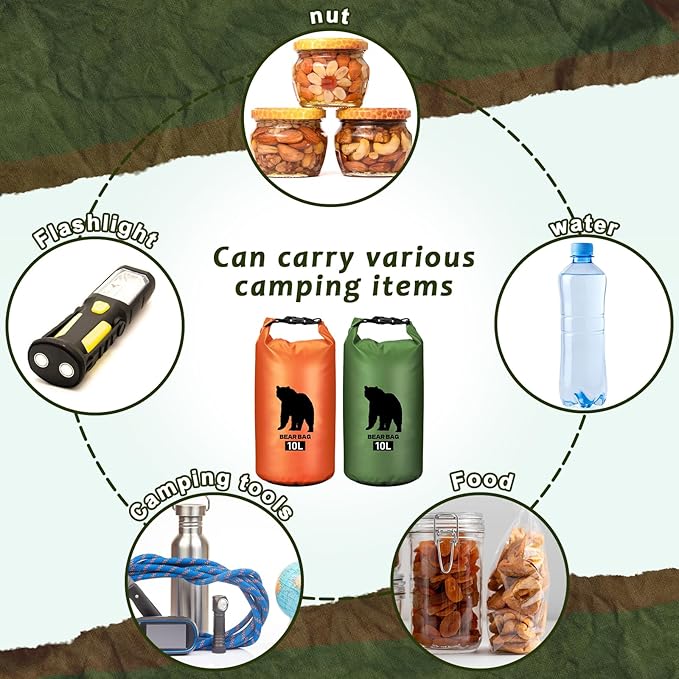 2 Pcs 10L Waterproof Bear Bags with 4 Nylon Ropes, 4 Clips & 2 Rock Pockets & 2 Small Warning Bells