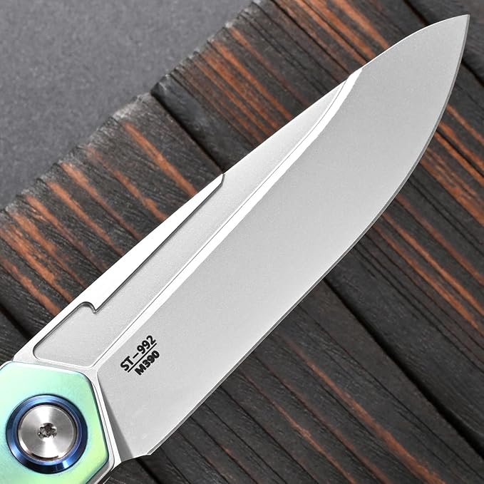 Sitivien ST992 Folding Pocket Knife,Handmade M390 Pearlescent Brushed Steel Blade,Titanium Carbon