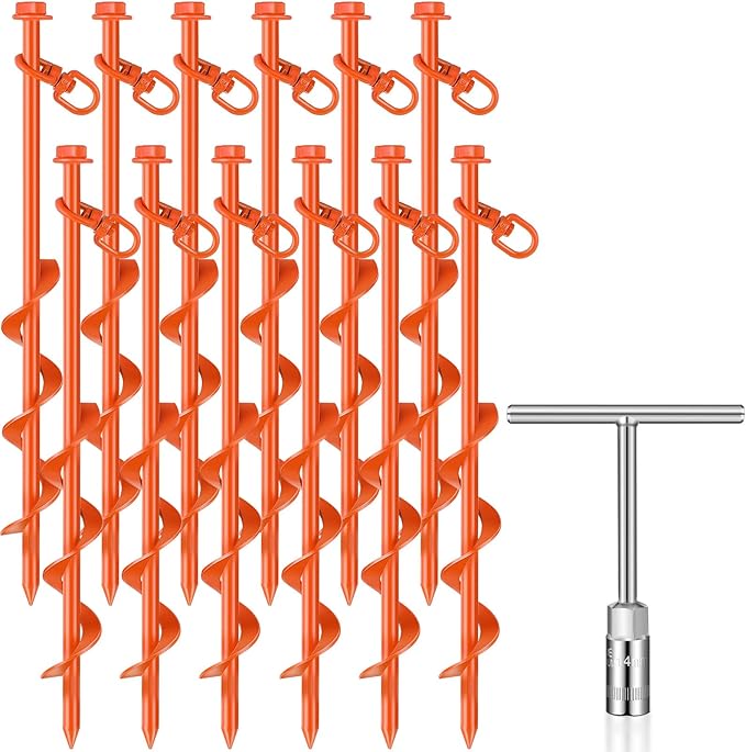 Zhengmy 12 Pcs Ground Anchors Screw in, 12 Inch Heavy Duty Tent Stakes with Trampoline Anchor Hook