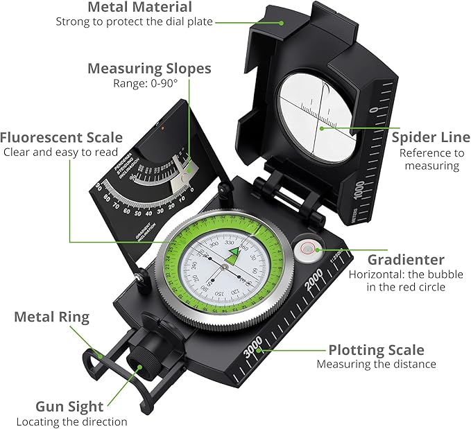 Proster IP65 Compass Hiking Survival - Lensatic Sighting Compass for Camping Navigation, Compass