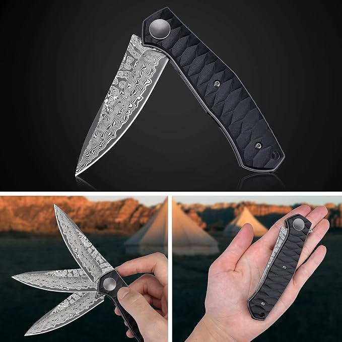 AUBEY Damascus Pocket Knife for Men with Clip EDC, 3.23" VG10 Core Damascus Steel Blade Folding