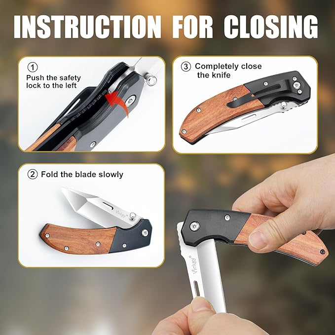 Vickay Pocket Knife, Folding Knife with Clip - 3.54??Tanto Blade, Wood Handle EDC Knife for Men &