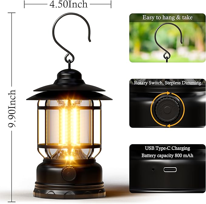 Retor LED Camping Lanterns Black 3 Pack 1500 LM Step-Less Dimming, Lightweight Battery Powered USB