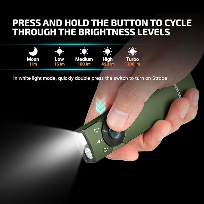 OLIGHT Arkfeld Pro Rechargeable EDC Flat Flashlight with Green Beam, UV and White LED Combo, 1300