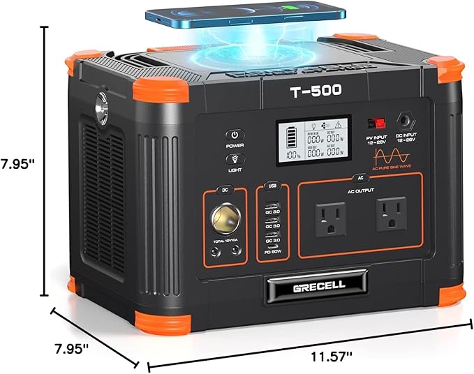GRECELL Portable Power Station 500W, 519Wh/140400mAh Solar Generator Backup Lithium Battery Pack