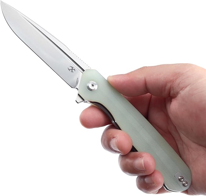 KANSEPT Qilin Pocket Knife, 3.24'' Stonewashed 154CM Sharp Blade, Jade G10 Handle for Edc, Flipper