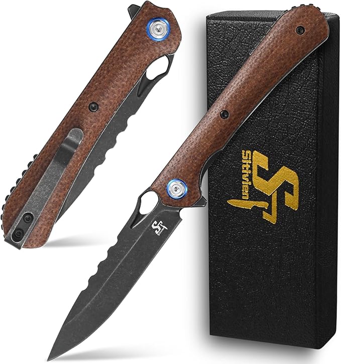 Sitivien ST145 Folding Pocket Knife,Black Stonewashed 14C28N Steel Blade,Micarta Handle EDC Tool