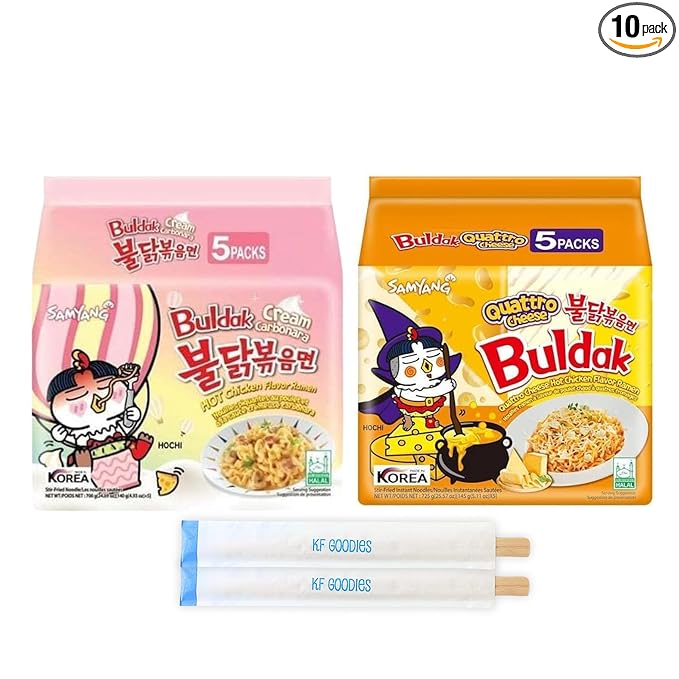Samyang Buldak Hot Spicy Chicken Ramen Noodle Korean Stir-Fried Ramen, Cream Carbonara & Quattro