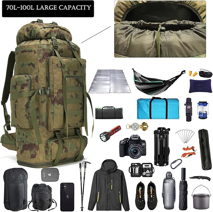 Hiking Backpack for Men 70L/100L Camping Backpack Military Rucksack Molle 3 Days Assault Pack for