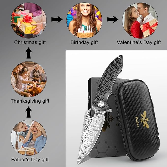 Pocket Knife for EDC Damascus Pocket Knife with Black Aluminum Handle 3.3" Damascus Blade Pocket