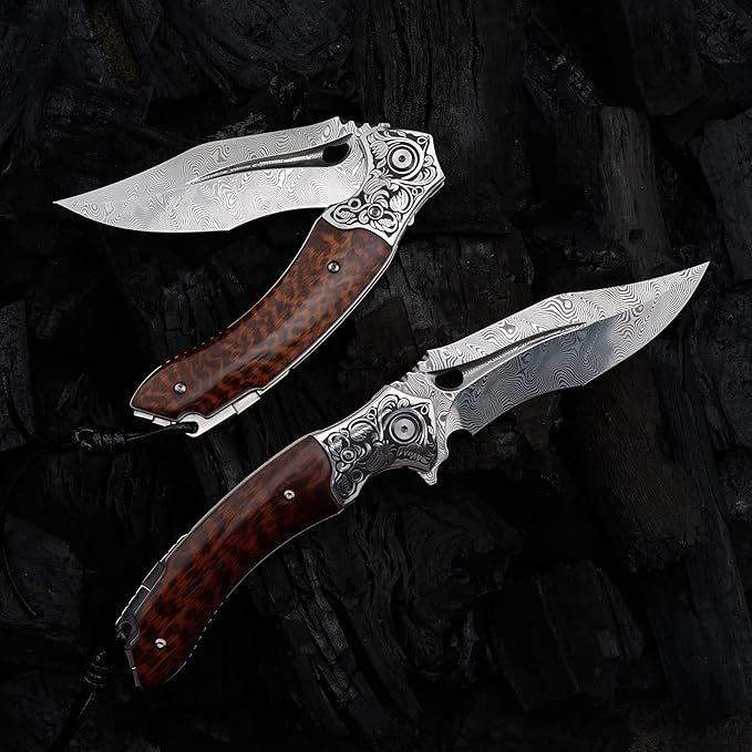 Japanese VG 10 Damascus Steel Folding Knife, Outdoor Wilderness Survival Pocket Knife, Snake Wood