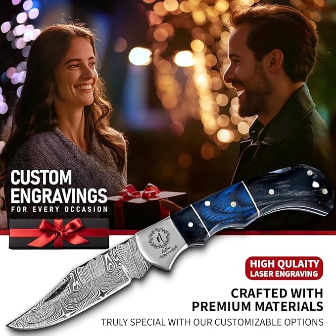 6.5' Personalized Engraved Damascus pocket knife for men Small folding knife for outdoor, camping