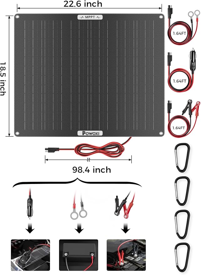 POWOXI 50W Solar Battery Charger: 12V Solar Car Battery Trickle Maintainer - with MPPT Controller